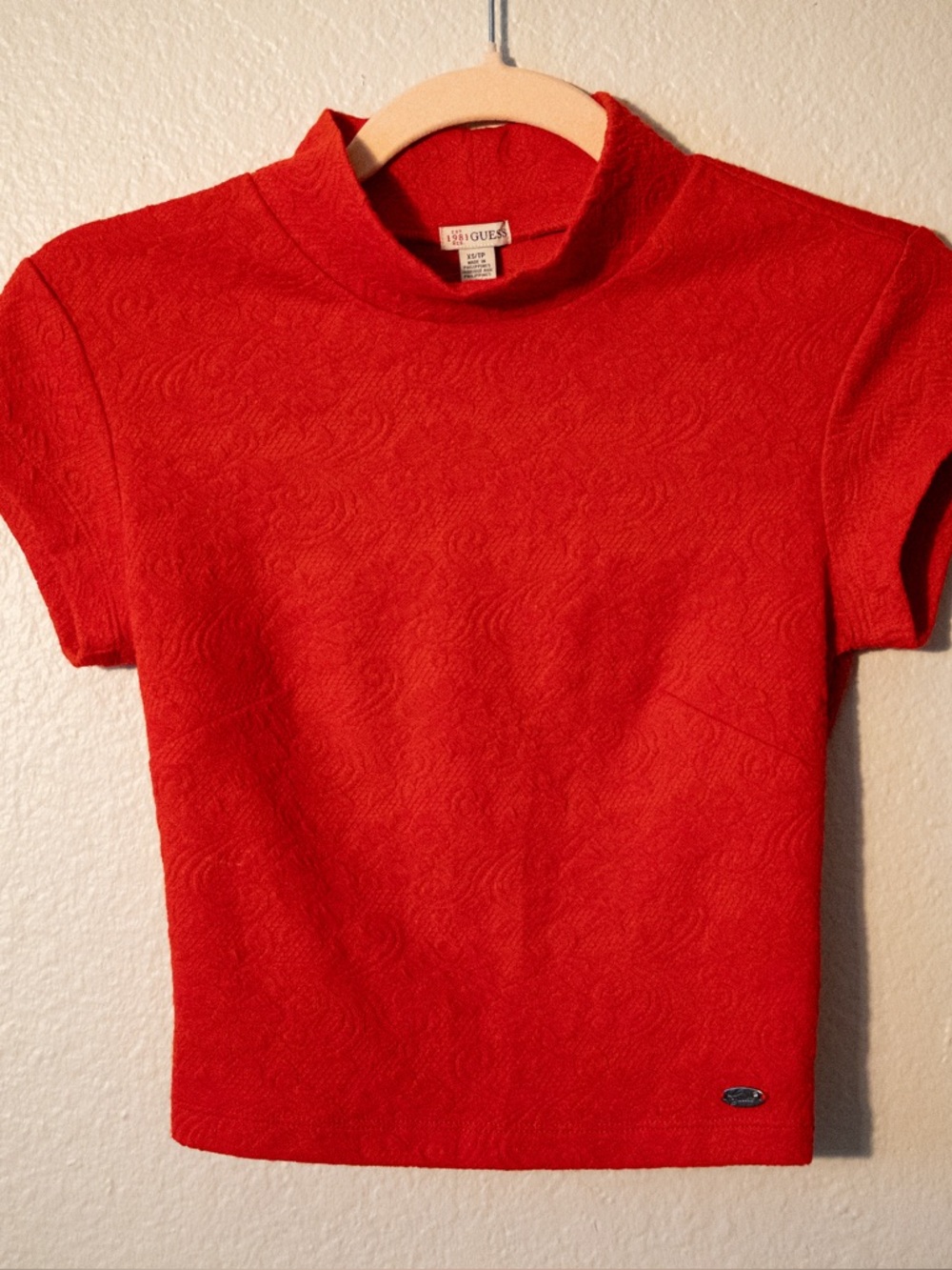 GUESS Red Short-Sleeve Mock Neck Top with Subtle Texture